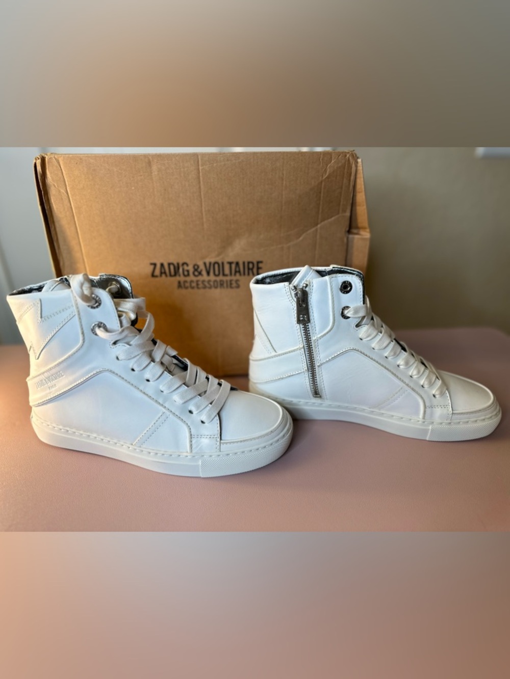 Zadig & Voltaire White Leather High-Top Sneakers with Silver Hardware